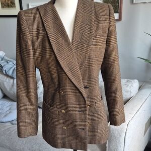 La Suite Petite Size 8 Double Breasted Brown Plaid Blazer Vintage